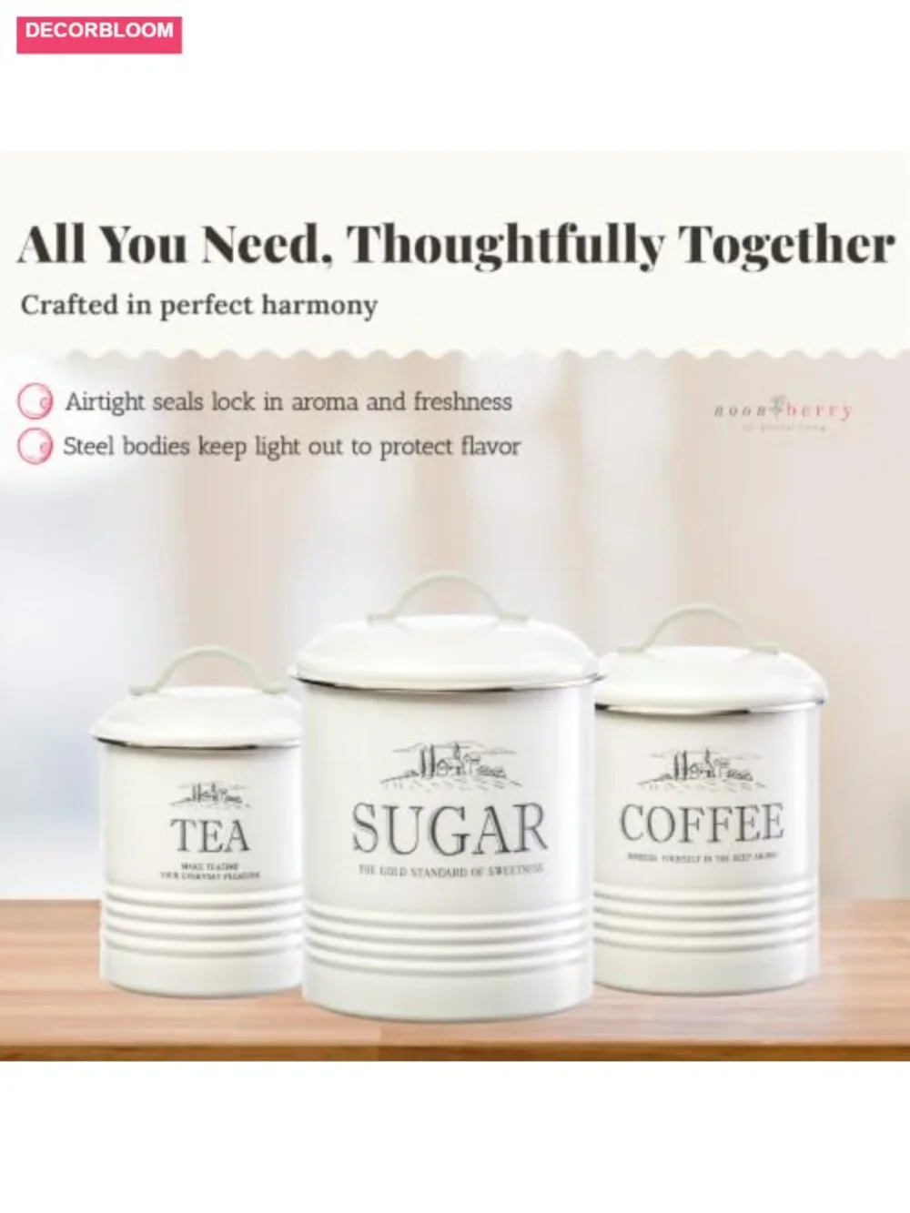 3-Piece Airtight Coffee Tea Sugar Canister Set, Rust-Resistant Steel Kitchen